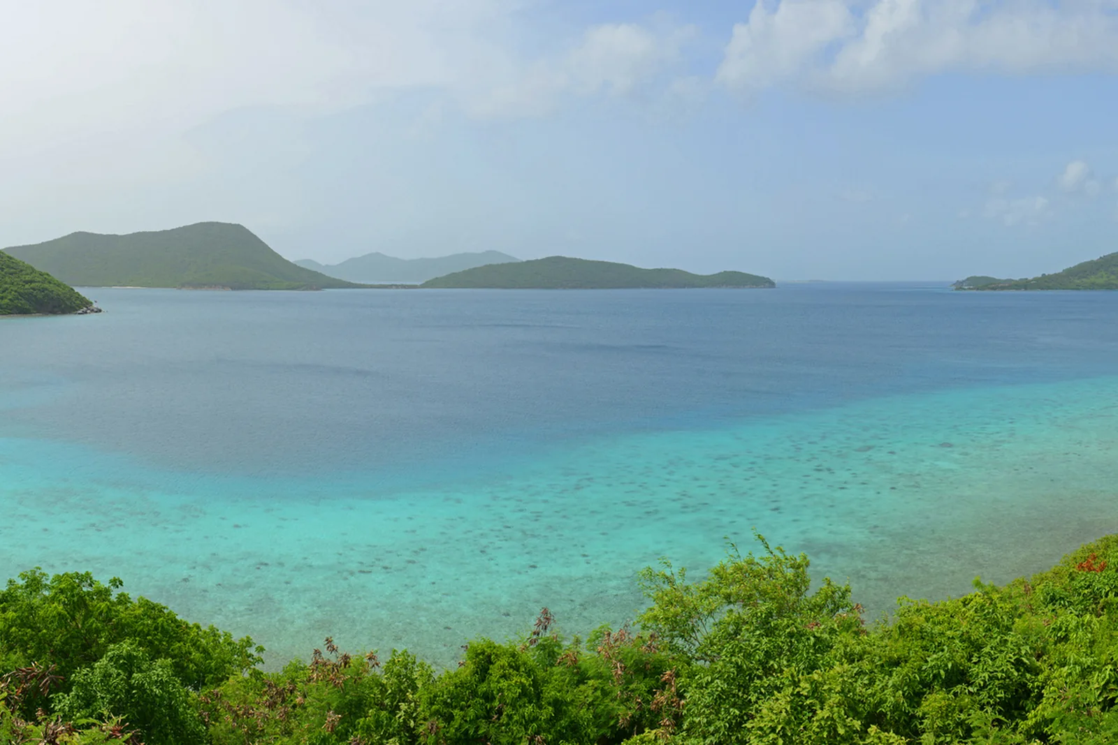 Turquoise shallows and reef at Leinster Bay on the north shore of St. John, looking toward Tortola.