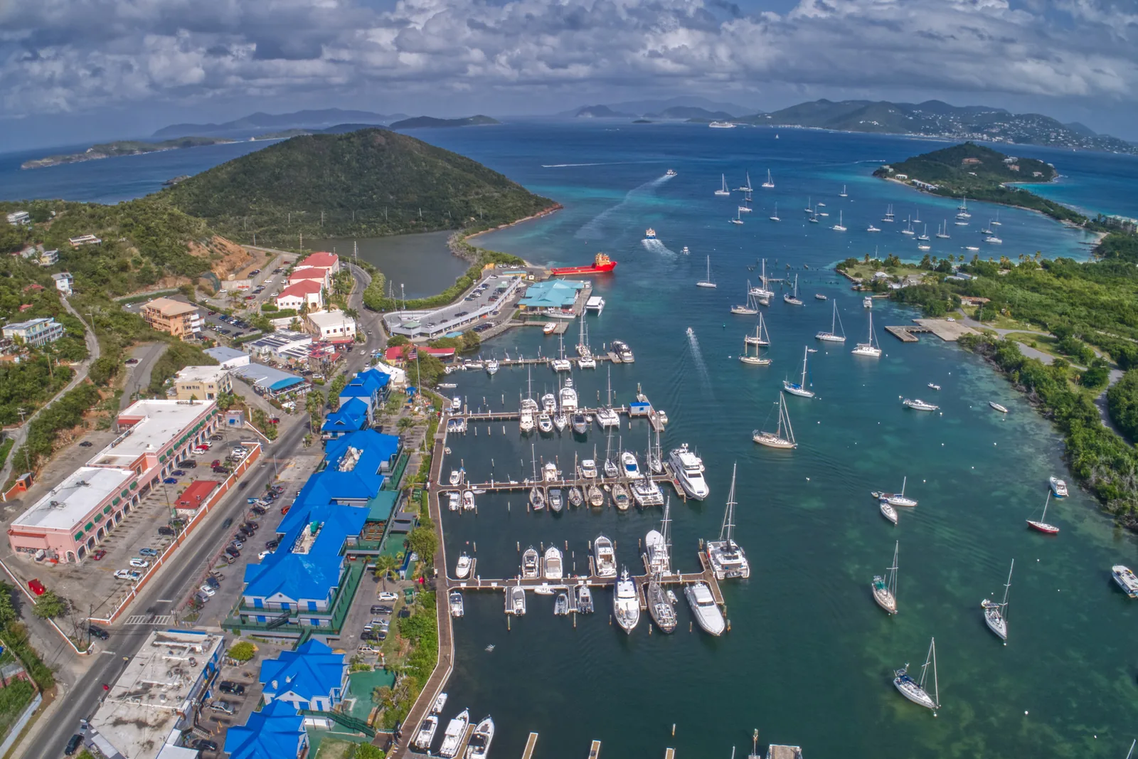 Aerial view of the marina and moored boats at Red Hook on the east end of St. Thomas.